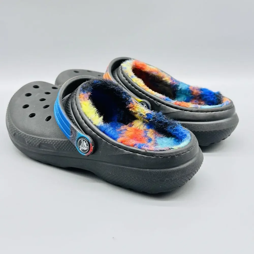 Crocs Shoes Kids 4 Black Classic Lined Clog Spray Tie Dye Fuzzy Warm Plush
